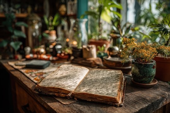 An antique open book with handwritten text lies on a wooden table surrounded by potted plants, creating a vintage and cozy atmosphere in a sunlit room, filled with scholarly charm.