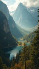 Poster - Serene lake surrounded by majestic mountains and trees