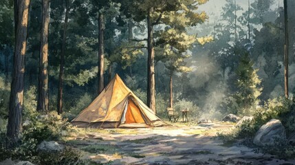 Poster - Tan canvas tent set up in serene forest during daytime
