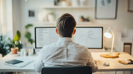 Leinwandbilder - Young man working at home office on computer during daytime