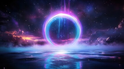 Poster - Glowing abstract light ring over mountains and water at night