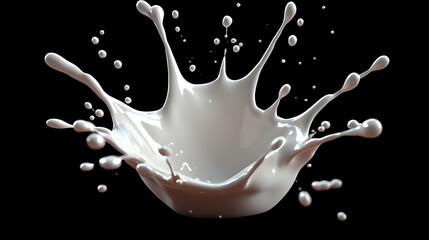 Poster - White liquid crown splash with droplets frozen in motion against black background, dynamic fluid movement captured in high-speed photography for advertising and product design.