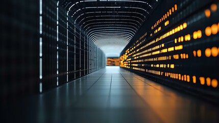 Poster - Futuristic corridor with glowing orange lights along wall creating perspective depth effect against dark background, modern architectural interior design.