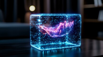 Poster - Glowing holographic high heel shoe floating in transparent cube with sparkles and neon blue light effect against dark background. Digital art concept.