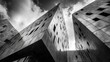 © ffunn - Modern architecture, modernism, building walls metal decorations, diagonal compositions, high-contrast light and shadow effects.