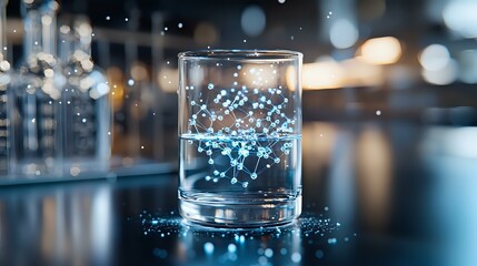 Poster - Glass of pure water with glowing blue particles floating inside on dark background with bokeh lights, creating magical atmospheric composition.
