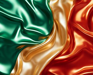 Poster - Luxurious flowing silk fabric in emerald green, gold and red colors creates elegant waves and folds with glossy satin texture and smooth rippling effect.