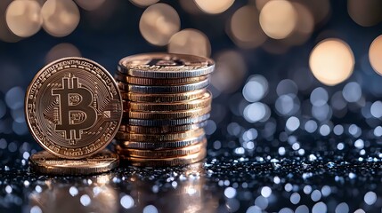 Poster - Stack of golden coins with cryptocurrency symbol on dark background with bokeh lights and glitter, modern financial concept for digital banking.