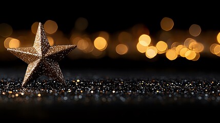 Poster - Golden starfish on dark glittering surface with magical bokeh lights in background creating dreamy holiday atmosphere for seasonal decorative designs.
