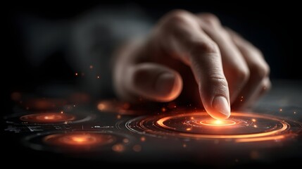 Poster - A human hand interacting with a glowing holographic digital interface representing the power and potential of modern technology and innovation