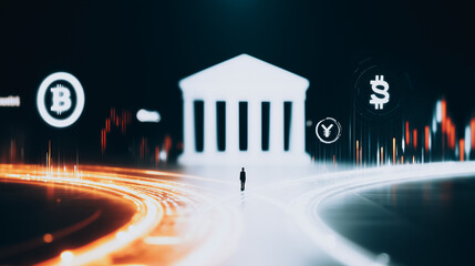 Poster - Navigating the Digital Realm: A lone figure stands at the crossroads of traditional finance and the blockchain, silhouetted against a backdrop of financial symbols and flowing digital light trails.