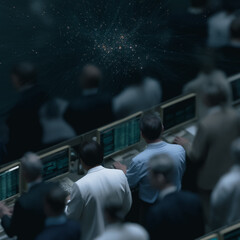Poster - Data Analysis Center: A high-angle view captures analysts engrossed in their work, surrounded by glowing monitors filled with complex data. A network of digital connections hovers overhead.