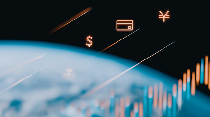 Poster - Global Finance: A captivating visual representing the global financial landscape, showcasing the interplay of international currency symbols and market trends against the backdrop of a stylized Earth.