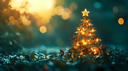 Poster - Glowing Christmas tree ornament with warm lights against dark turquoise background with bokeh effect, creating magical holiday atmosphere for seasonal greetings.