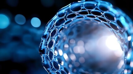 Aufkleber - Futuristic nanotechnology structure with glowing blue hexagonal pattern and bokeh lights in dark background, representing molecular science and innovation.
