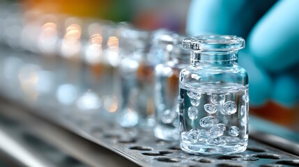 Poster - Glass vials with liquid samples in laboratory setting, shallow depth of field focus on transparent container with bubbles, scientific research background.