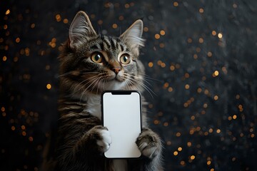 Poster - curious tabby cat holding blank smartphone screen against dark background with golden bokeh lights, 