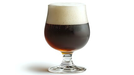 Poster - Glass of dark craft beer with creamy foam head on white background, isolated beverage photography for restaurant menu and promotional materials.