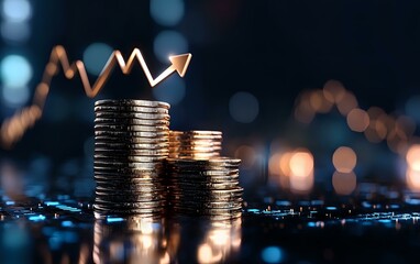Poster - Stacks of silver coins with glowing upward arrow trend line against dark blue background with bokeh lights, representing financial growth and investment success.