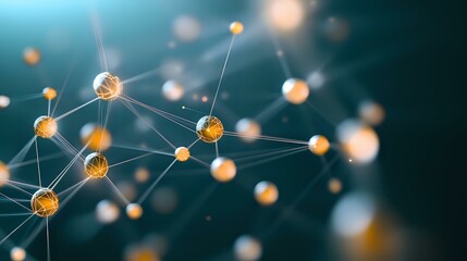 Aufkleber - Glowing orange spheres connected by bright lines on dark teal background create futuristic network visualization for technology and science concepts.