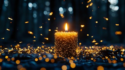 Poster - Glowing golden candle surrounded by magical sparkles and bokeh lights against dark blue background creates mystical atmosphere for spiritual concepts.