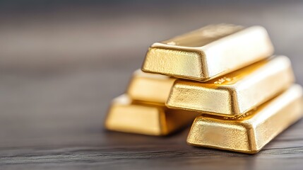 Poster - Shiny gold bars stacked on dark wooden surface with selective focus and shallow depth of field, representing wealth, investment and financial security.
