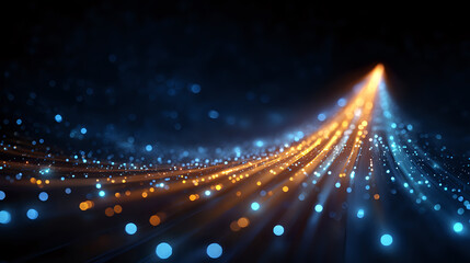 Poster - Glowing optical fiber strands emitting orange and blue light streams against dark background, creating dynamic motion effect with bokeh particles.
