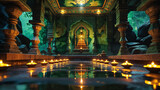 Atmospheric interior of an ancient temple illuminated by candlelight and spiritual ambiance