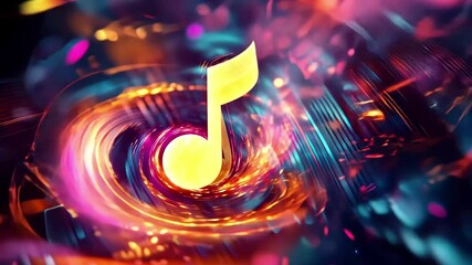 Poster - Vivid abstract display of a central music note surrounded by colorful swirls and light patterns, Central music note in vivid abstract displaying video background