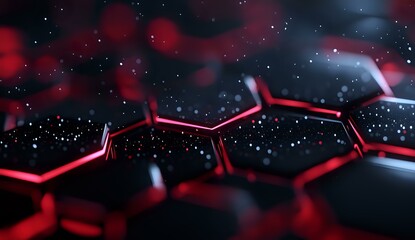 Poster - Glowing red hexagonal molecular structure against dark background with bokeh effect and depth of field, representing scientific research and technology.