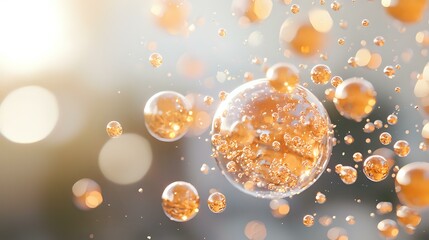 Poster - Glowing orange spheres with sparkles floating in soft blurred space, magical bubbles with golden light effects against gray background for wellness designs.