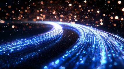 Aufkleber - Glowing blue light trails curve through dark space with floating bokeh particles creating magical atmosphere for technology and communication concepts.