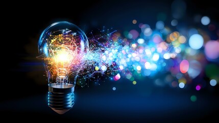 Poster - Glowing light bulb emitting colorful magical sparkles and bokeh lights against dark blue background, symbolizing innovation and creative energy flow.