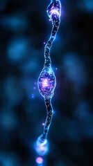 Aufkleber - Glowing neuron with synaptic connections illuminated in blue and purple against dark background, showing detailed cellular structure and electrical impulses in brain network.