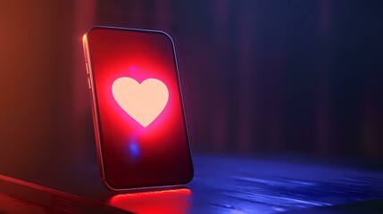 Poster - glowing heart symbol on smartphone screen with dramatic red and blue lighting on dark background, mo