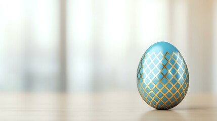 Poster - Decorative turquoise Easter egg with golden geometric pattern on wooden surface against light blurred background. Elegant holiday composition with copy space.