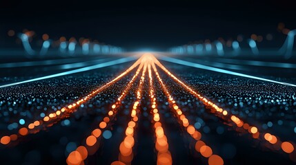 Aufkleber - Glowing orange and blue light trails converge to horizon point on dark background with bokeh effect creating futuristic perspective grid pattern.