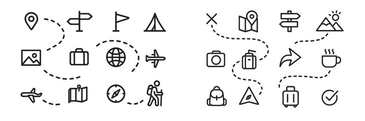 Poster - Travel icons with symbols representing adventure, navigation, and exploration on a white background