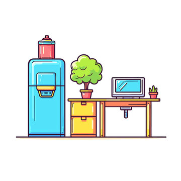 Cartoon Office Scene with Blue Refrigerator, Desk, Computer, and Plants