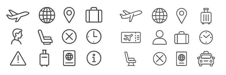 Poster - Travel icons representing various aspects of a journey, including transportation, location, and essential travel documents