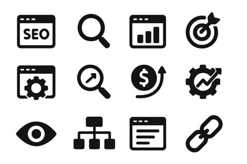 Poster - Various icons representing digital marketing concepts can be used for SEO analysis and strategy development in online business