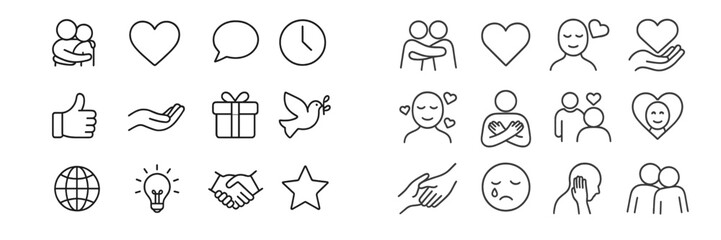 Aufkleber - Collection of hand-drawn icons representing love, connection, and positive emotions in minimalist style