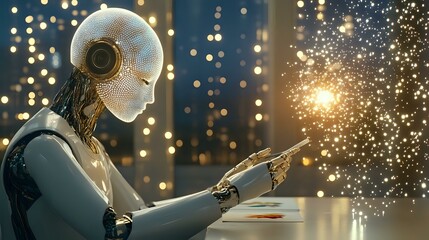 Poster - Futuristic robotic figure with glowing particles emanating from metallic hand against bokeh light background, representing artificial intelligence and future technology.