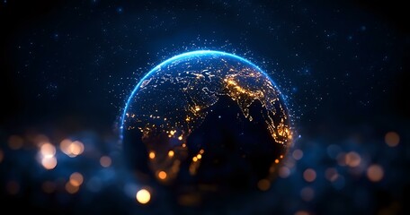 Poster - Night view of glowing Earth with city lights and blue atmosphere glow against dark space background with bokeh lights, showing connected global network.