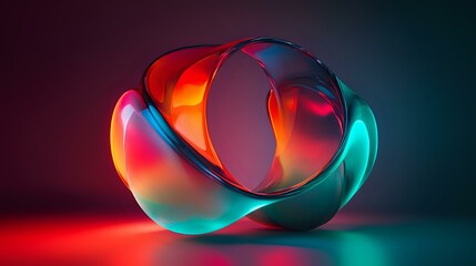Poster - Glowing abstract glass spheres with vibrant red and turquoise gradient colors intertwined on reflective surface against dark background creating dramatic lighting effect.