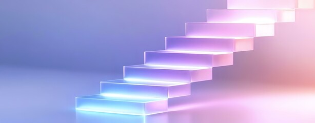 Poster - Glowing neon stairs ascending upward against gradient purple and pink background, creating futuristic minimalist composition with light effects.