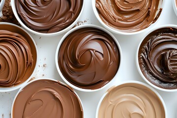 Poster - Smooth swirls of melted chocolate in various shades from dark to milk and white displayed in white ceramic bowls, creating appetizing patterns and textures for dessert making.