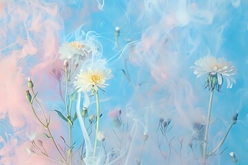 Poster - Delicate white dandelions on soft pastel pink and blue background create dreamy spring atmosphere. Artistic floral composition with ethereal mood for wall decor.