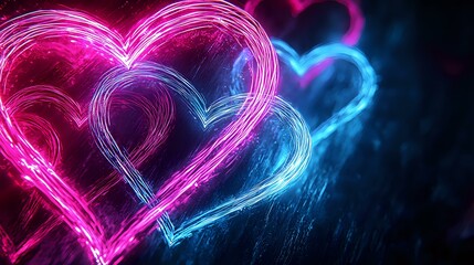 Poster - Glowing neon hearts in pink and blue colors with light trails effect against dark background, romantic love concept for Valentine's day and wedding designs.