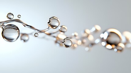 Poster - Macro photography of water drops floating in air creating abstract pattern with light reflections and bokeh effect on light gray background.